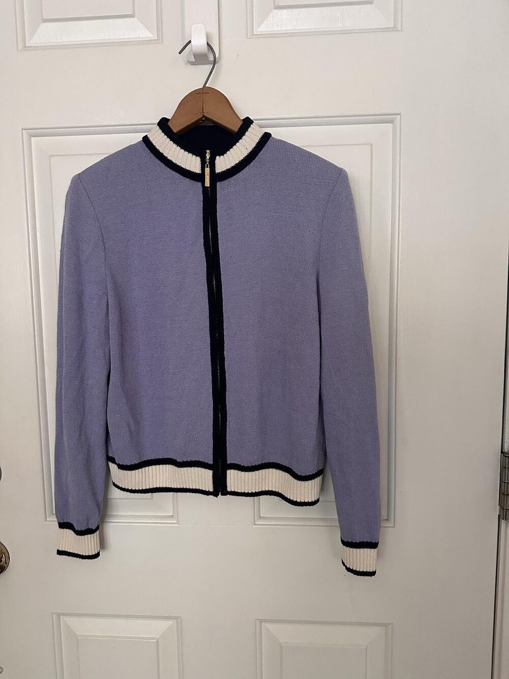 St. John Sweater Womens P Purple Wool Rayon Full Zip Knit Jacket Contrast Trim